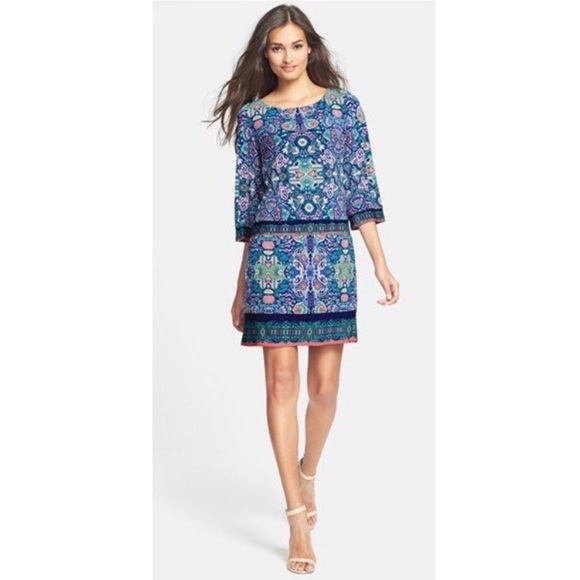 Laundry by Shelli Segal Blue Printed Three Quarter Sleeve Shift Dress - Picture 1 of 8